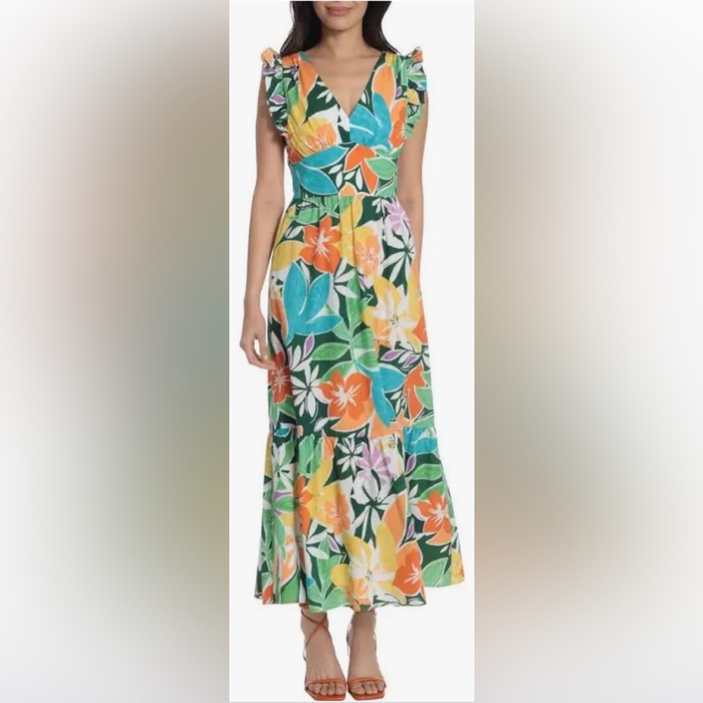 Maggy London GORGEOUS tropical floral print ruffle hem maxi dress